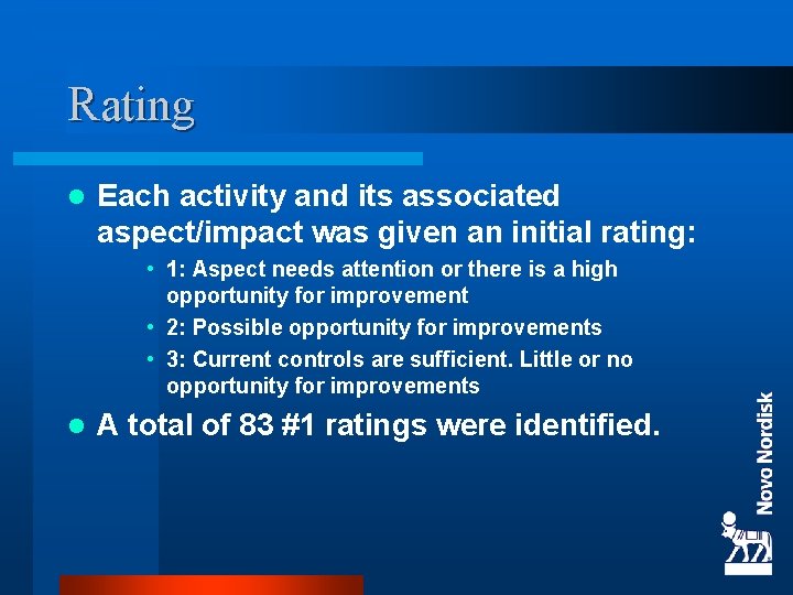 Rating l Each activity and its associated aspect/impact was given an initial rating: •