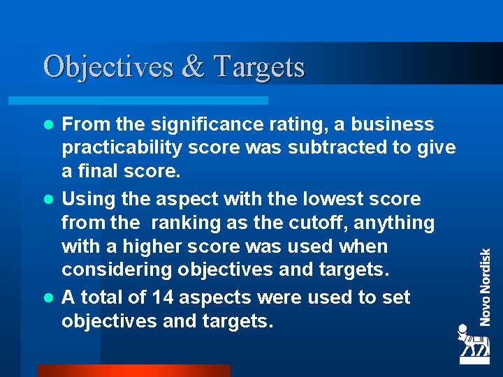 Objectives & Targets From the significance rating, a business practicability score was subtracted to