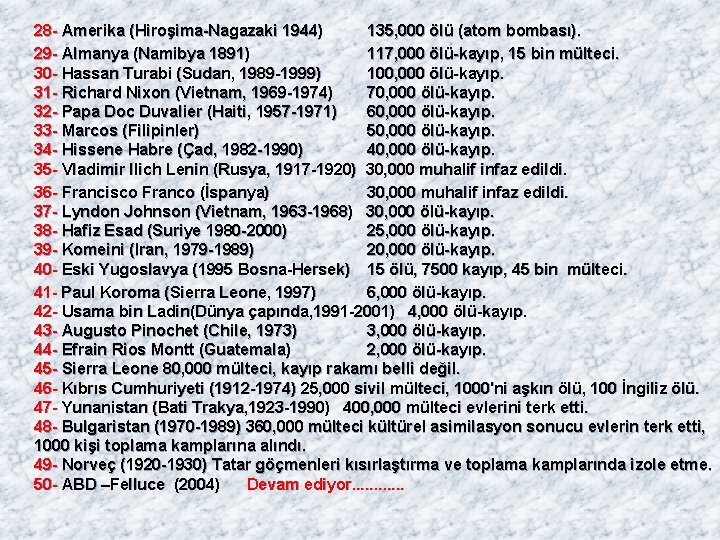 28 - Amerika (Hiroşima-Nagazaki 1944) 135, 000 ölü (atom bombası). 29 - Almanya (Namibya