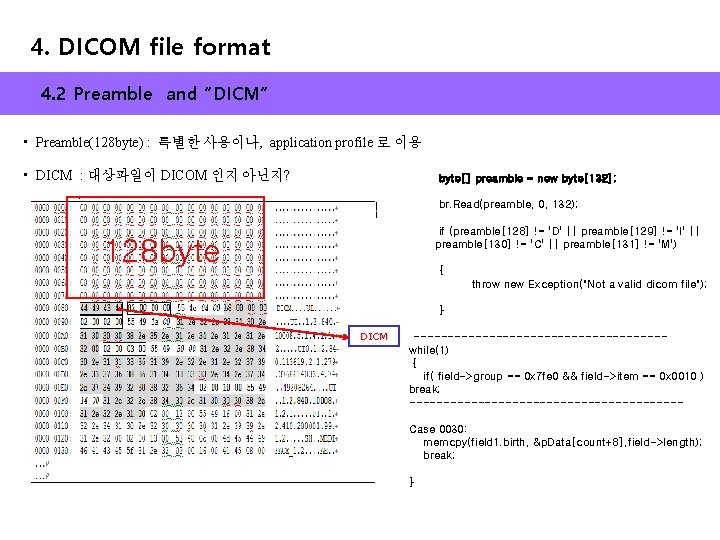 4. DICOM file format 4. 2 Preamble and “DICM” • Preamble(128 byte) : 특별한