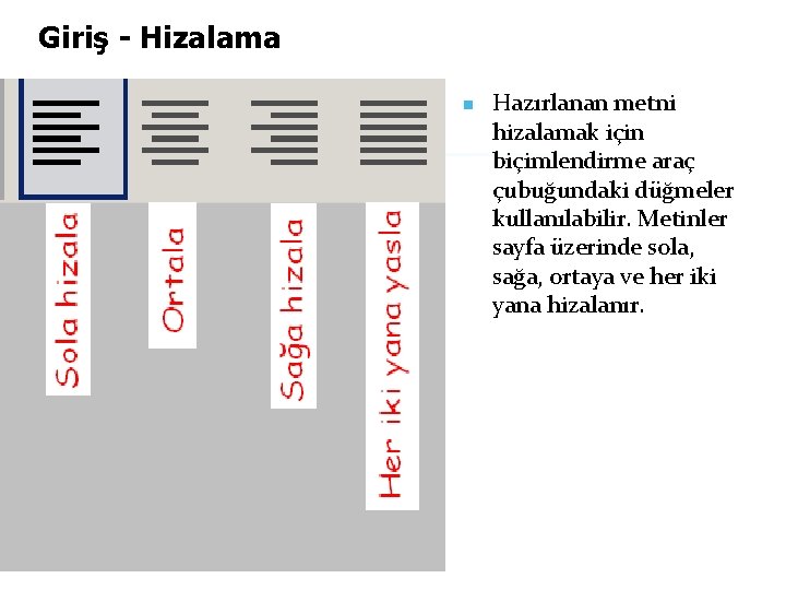 Giriş - Hizalama n Hazırlanan metni hizalamak için biçimlendirme araç çubuğundaki düğmeler kullanılabilir. Metinler