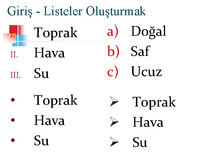 Giriş - Listeler Oluşturmak III. Toprak Hava Su a) Doğal b) Saf c) Ucuz