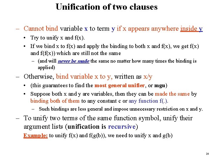 Unification of two clauses – Cannot bind variable x to term y if x