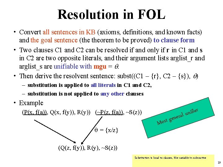 Resolution in FOL • Convert all sentences in KB (axioms, definitions, and known facts)