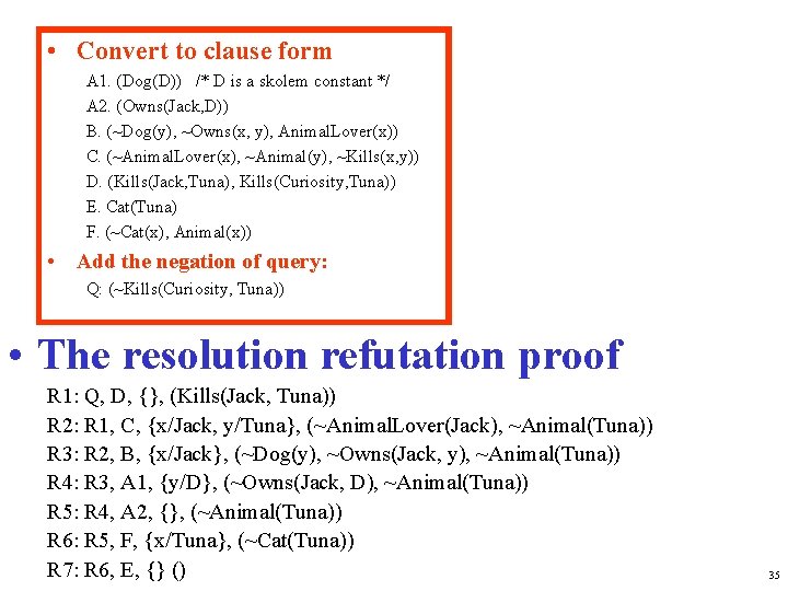  • Convert to clause form A 1. (Dog(D)) /* D is a skolem