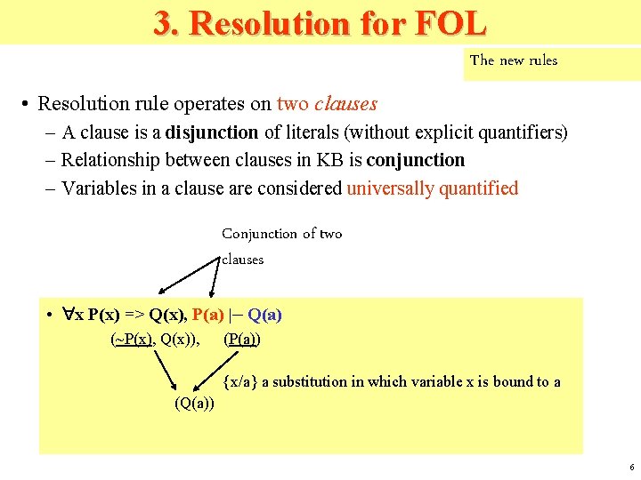 3. Resolution for FOL The new rules • Resolution rule operates on two clauses