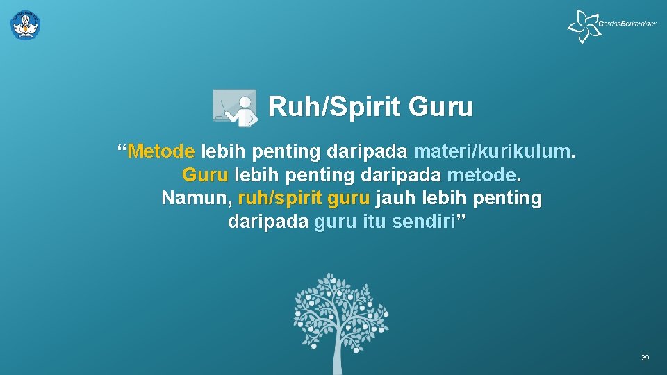 Ruh/Spirit Guru “Metode lebih penting daripada materi/kurikulum. Guru lebih penting daripada metode. Namun, ruh/spirit