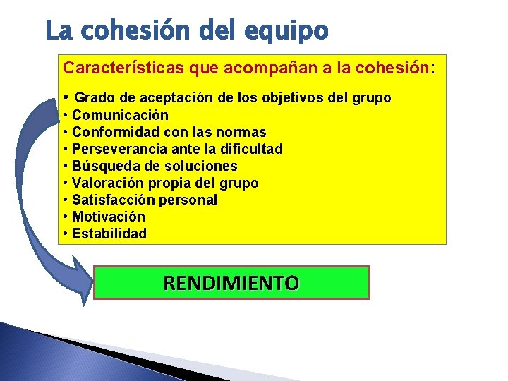 La cohesión del equipo Características que acompañan a la cohesión: • Grado de aceptación