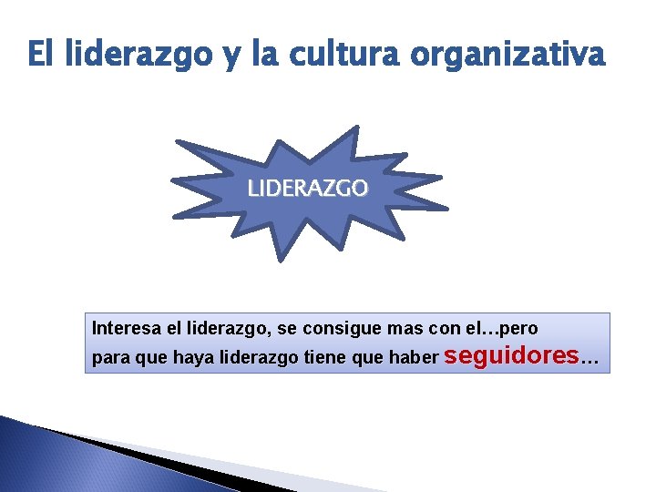 El liderazgo y la cultura organizativa LIDERAZGO Interesa el liderazgo, se consigue mas con