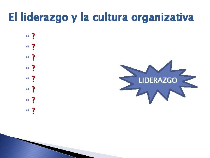 El liderazgo y la cultura organizativa ? ? ? ? LIDERAZGO 