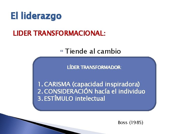 El liderazgo LIDER TRANSFORMACIONAL: Tiende al cambio LÍDER TRANSFORMADOR: 1. CARISMA (capacidad inspiradora) 2.