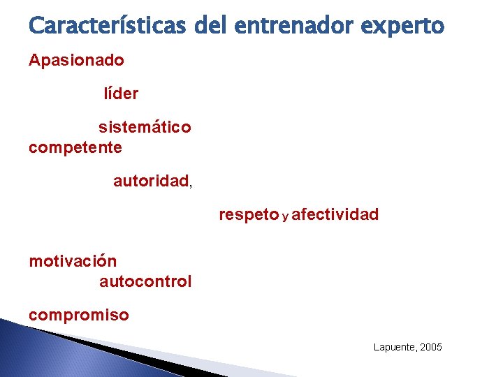 Características del entrenador experto Apasionado por su tarea, aprecia el detalle técnico, se considera