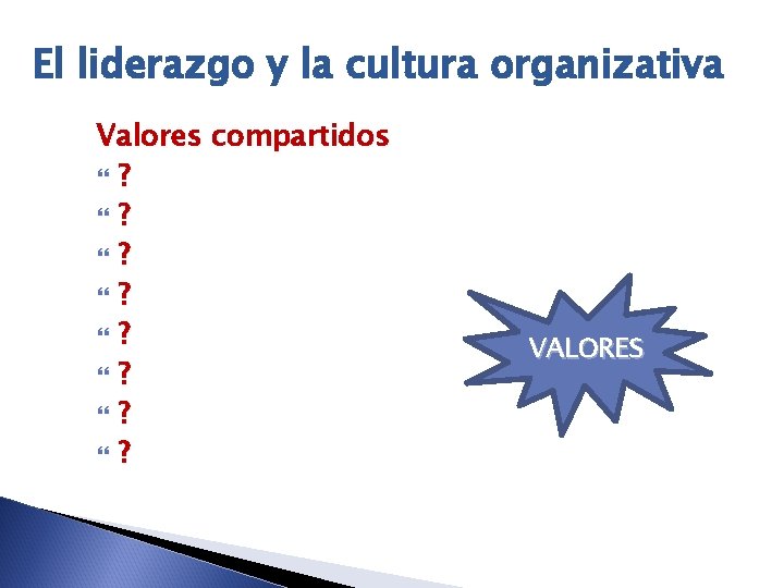 El liderazgo y la cultura organizativa Valores compartidos ? ? VALORES 