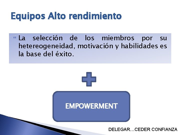 Equipos Alto rendimiento La selección de los miembros por su hetereogeneidad, motivación y habilidades