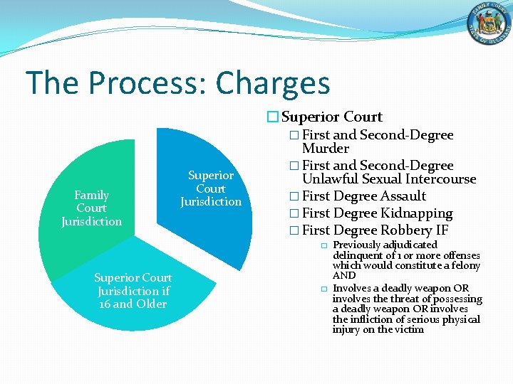 The Process: Charges �Superior Court � First and Second-Degree Family Court Jurisdiction Superior Court