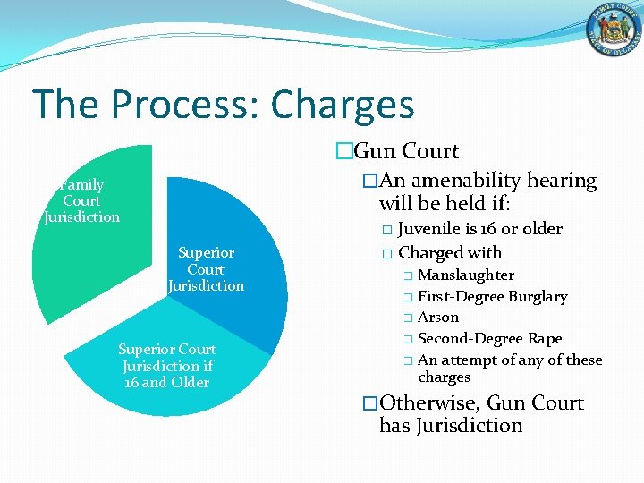 The Process: Charges �Gun Court �An amenability hearing will be held if: Family Court