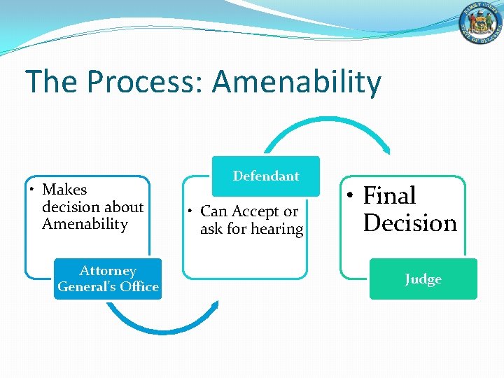 The Process: Amenability • Makes decision about Amenability Attorney General’s Office Defendant • Can