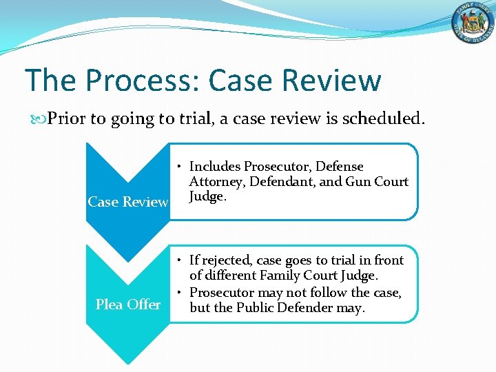 The Process: Case Review Prior to going to trial, a case review is scheduled.
