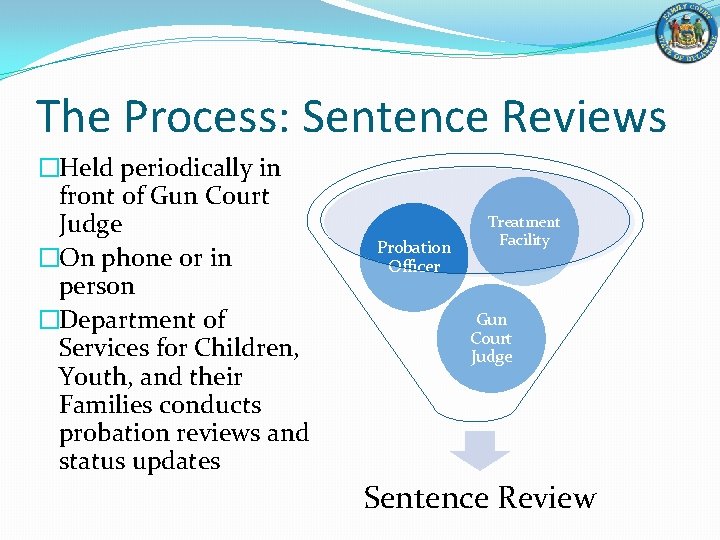 The Process: Sentence Reviews �Held periodically in front of Gun Court Judge �On phone