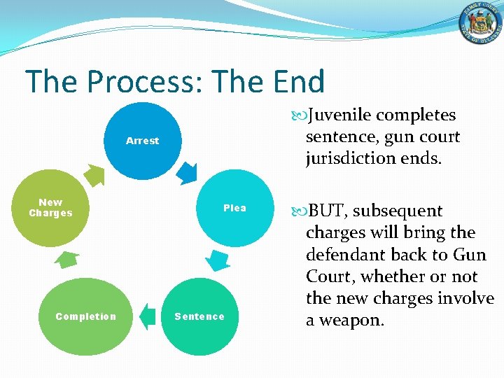 The Process: The End Juvenile completes sentence, gun court jurisdiction ends. Arrest New Charges