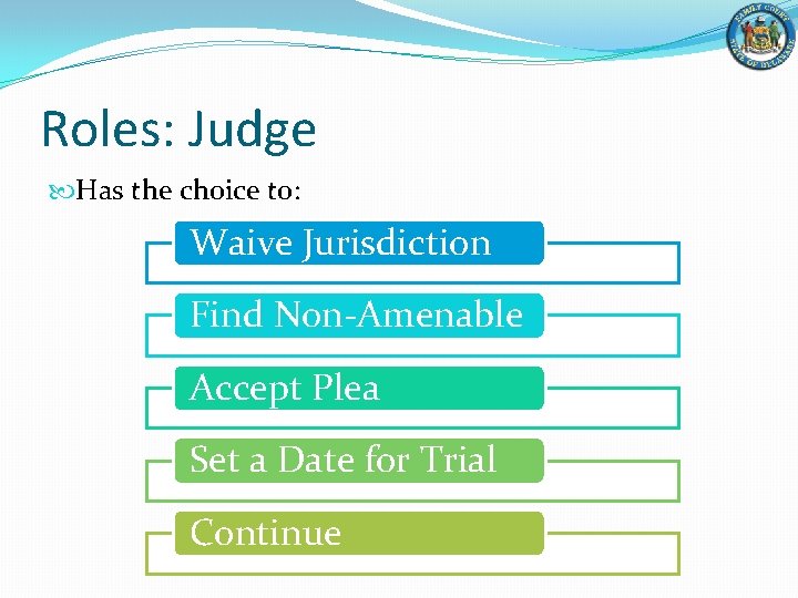 Roles: Judge Has the choice to: Waive Jurisdiction Find Non-Amenable Accept Plea Set a