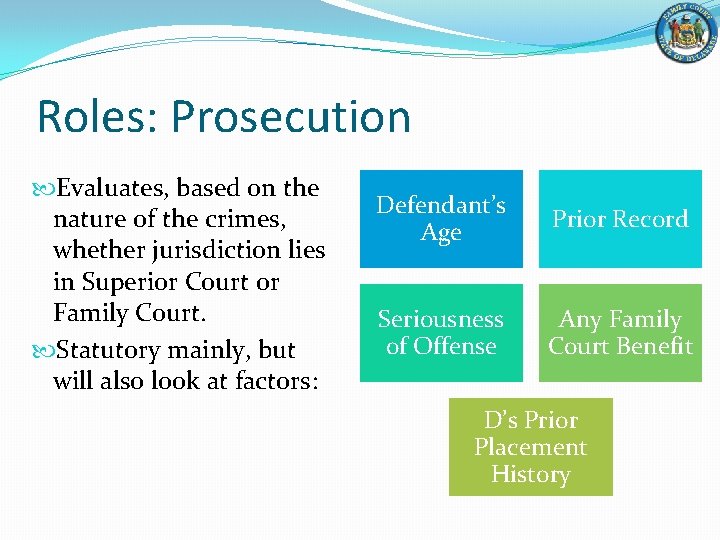 Roles: Prosecution Evaluates, based on the nature of the crimes, whether jurisdiction lies in