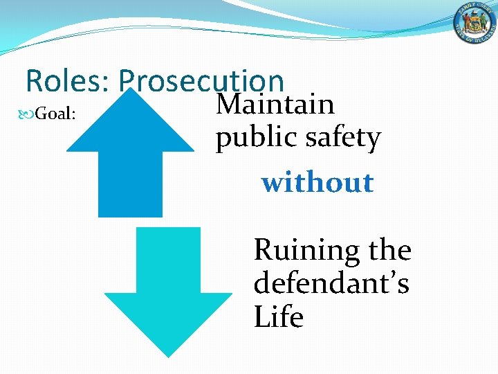 Roles: Prosecution Goal: Maintain public safety without Ruining the defendant’s Life 