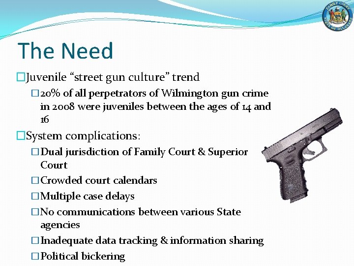 The Need �Juvenile “street gun culture” trend � 20% of all perpetrators of Wilmington