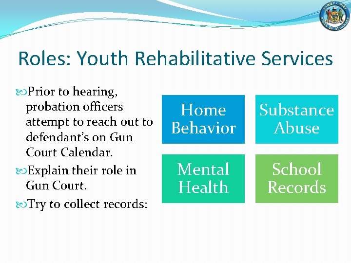 Roles: Youth Rehabilitative Services Prior to hearing, probation officers attempt to reach out to