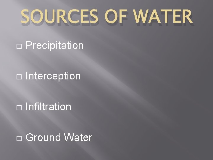SOURCES OF WATER Precipitation Interception Infiltration Ground Water 