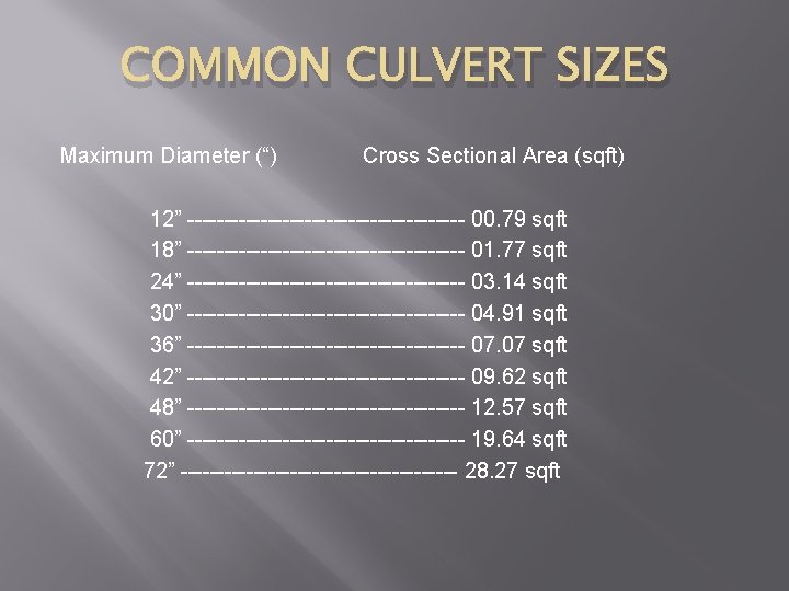 COMMON CULVERT SIZES Maximum Diameter (“) Cross Sectional Area (sqft) 12” ------------------- 00. 79