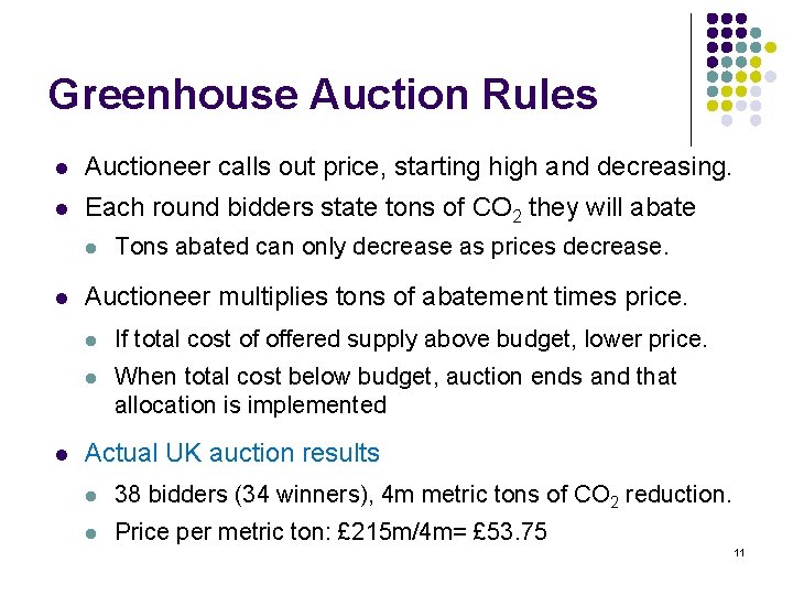 Greenhouse Auction Rules l Auctioneer calls out price, starting high and decreasing. l Each