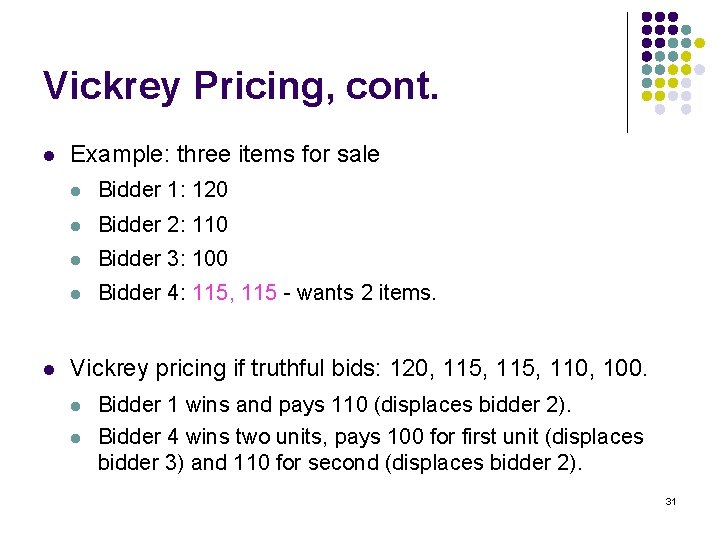Vickrey Pricing, cont. l l Example: three items for sale l Bidder 1: 120