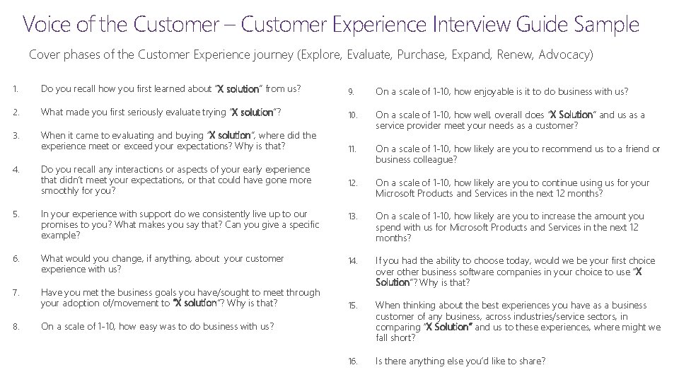 Voice of the Customer – Customer Experience Interview Guide Sample Cover phases of the