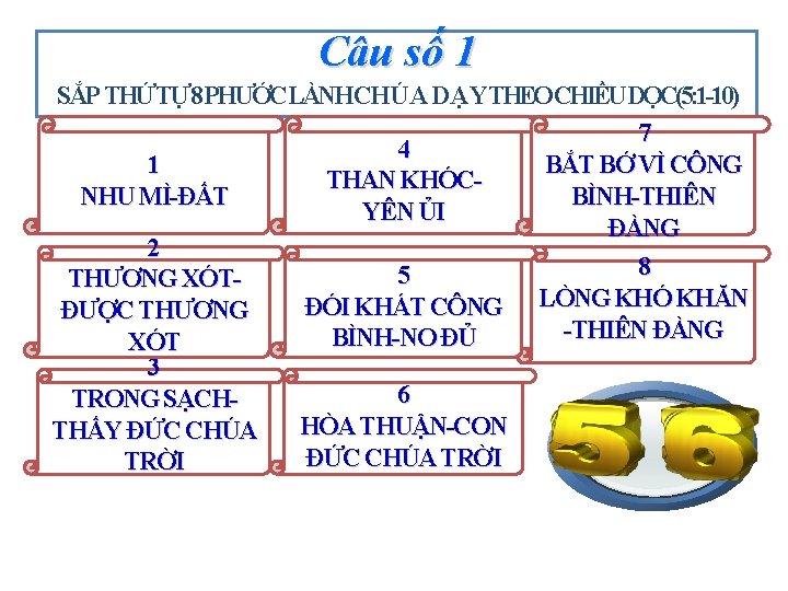 Câu số 1 SẮP THỨTỰ 8 PHƯỚCLÀNHCHÚA DẠYTHEOCHIỀUDỌC(5: 1 -10) 7 4 1 BẮT