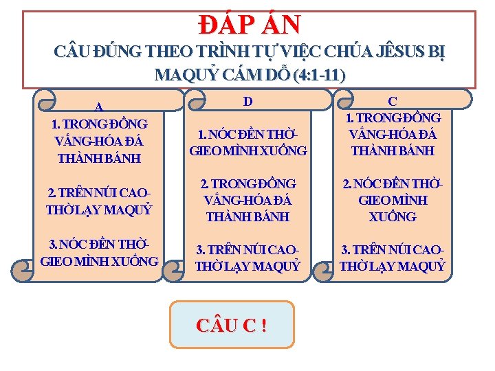 ĐÁP ÁN C U ĐÚNG THEO TRÌNH TỰ VIỆC CHÚA JÊSUS BỊ MAQUỶ CÁM