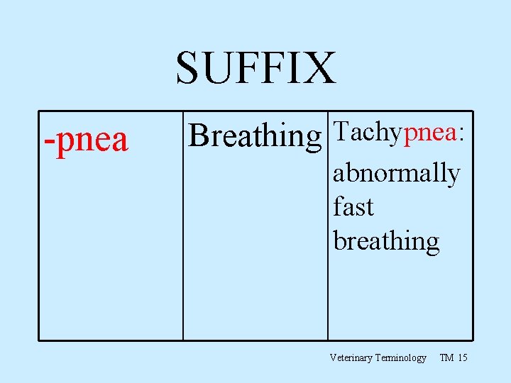 SUFFIX -pnea Breathing Tachypnea: abnormally fast breathing Veterinary Terminology TM 15 