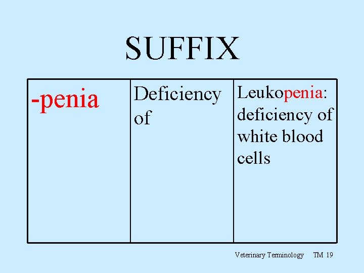 SUFFIX -penia Deficiency Leukopenia: deficiency of of white blood cells Veterinary Terminology TM 19