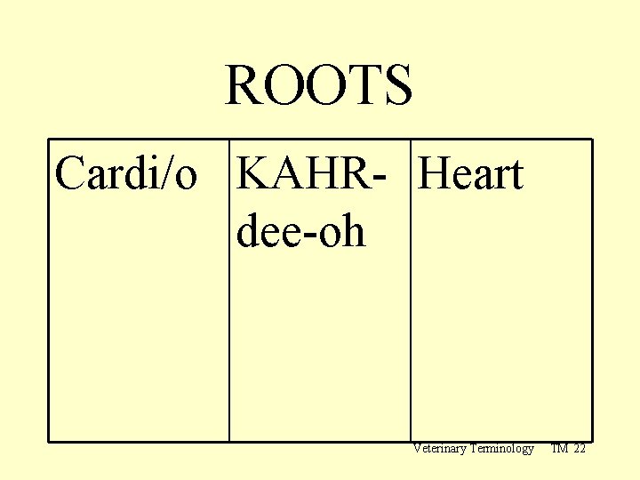 ROOTS Cardi/o KAHR- Heart dee-oh Veterinary Terminology TM 22 