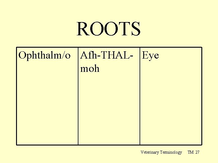 ROOTS Ophthalm/o Afh-THAL- Eye moh Veterinary Terminology TM 27 