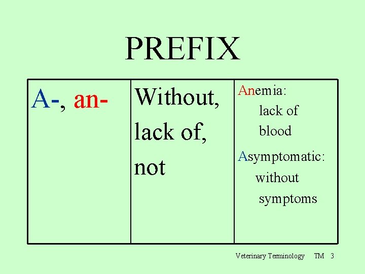 PREFIX A-, an- Without, lack of, not Anemia: lack of blood Asymptomatic: without symptoms