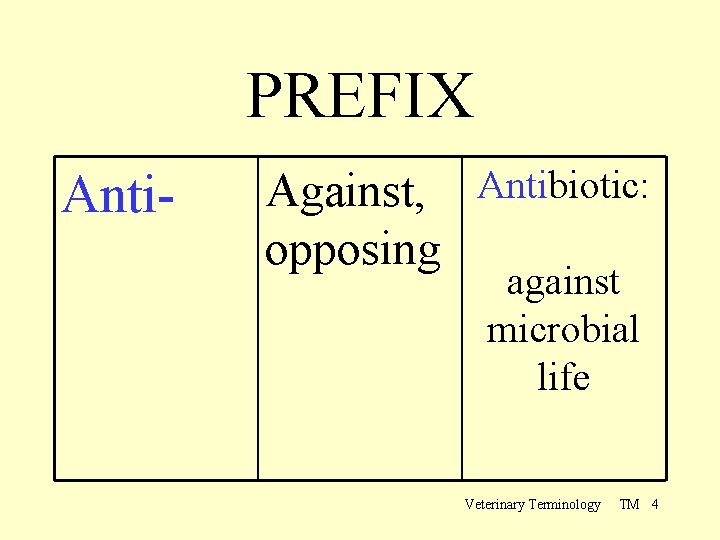 PREFIX Anti- Against, Antibiotic: opposing against microbial life Veterinary Terminology TM 4 