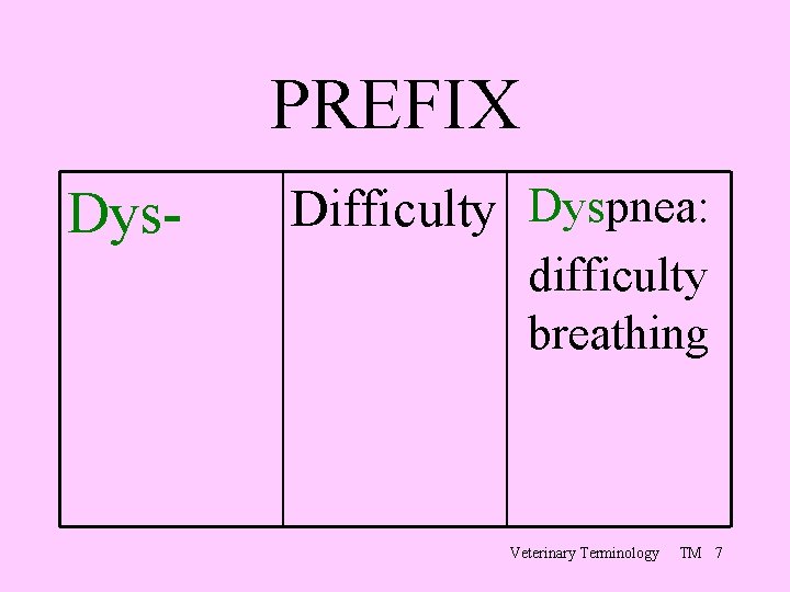 PREFIX Dys- Difficulty Dyspnea: difficulty breathing Veterinary Terminology TM 7 