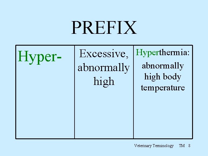 PREFIX Hyper- Excessive, abnormally high Hyperthermia: abnormally high body temperature Veterinary Terminology TM 8