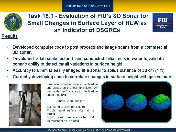 Task 18. 1 - Evaluation of FIU’s 3 D Sonar for Small Changes in