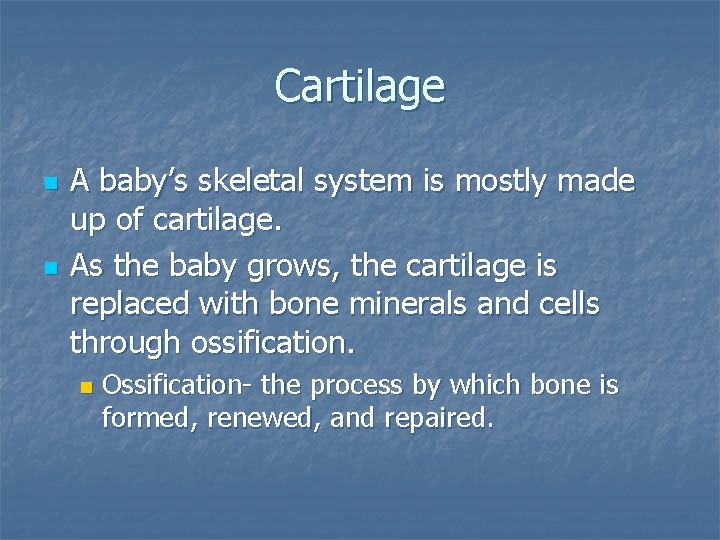 Cartilage n n A baby’s skeletal system is mostly made up of cartilage. As