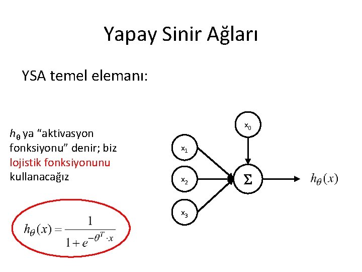 Yapay Sinir Ağları YSA temel elemanı: hθ ya “aktivasyon fonksiyonu” denir; biz lojistik fonksiyonunu