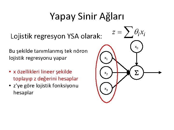 Yapay Sinir Ağları Lojistik regresyon YSA olarak: Bu şekilde tanımlanmış tek nöron lojistik regresyonu