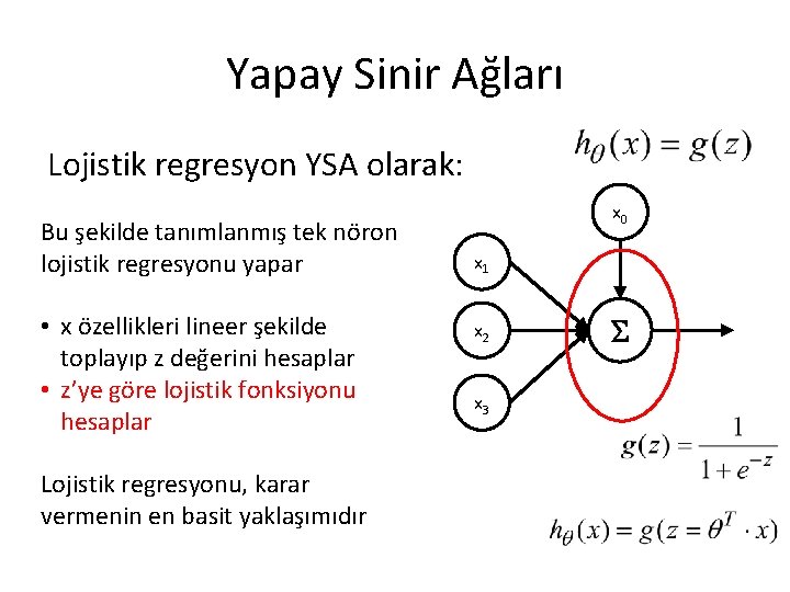 Yapay Sinir Ağları Lojistik regresyon YSA olarak: Bu şekilde tanımlanmış tek nöron lojistik regresyonu