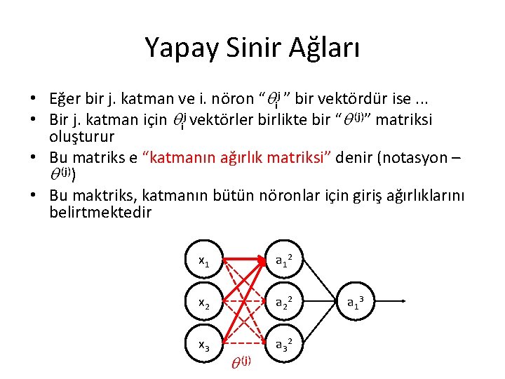 Yapay Sinir Ağları • Eğer bir j. katman ve i. nöron “ ij ”